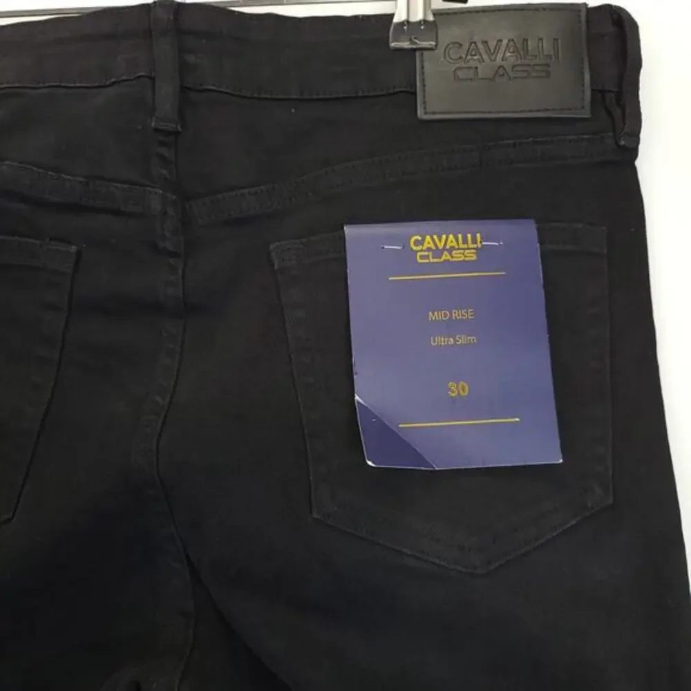 Cavalli Class Black Mid Rise‎ Jeans Ultra Slim Women 30 Distressed Raw Hem Edgy